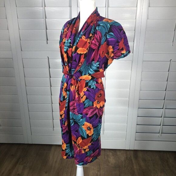 Vintage 80's Tess Dress S Bright Floral Print Blouson Turquoise Purple Sheath - Picture 3 of 12